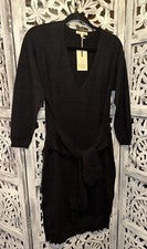 Vestido MIDI para mujer manga larga negro tejido acanalado cuello en V con lazo delantero mediano