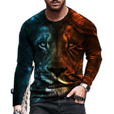 ⭐Camiseta Hombre Manga Larga Azul Rojo León Estampado Moda Gráfico Fitness Tee