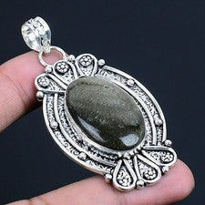 Plata Brillo Obsidiana Piedra preciosa Hecho a mano 925 Plata Joyería...