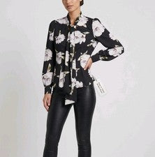 Blusa clásica con pajarita floral blanca y negra estilo abotonado Reino Unido 6-8 camisa para mujer