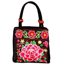 Bolso de mano retro étnico bordado de lona floral hecho a mano para mujer (rojo)
