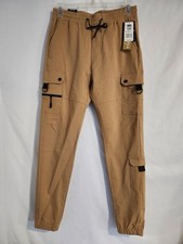 Pantalones de chándal estilo cargo tostados con puntada retro para hombre con tobillos elásticos/cordón S-M nuevos
