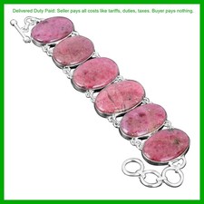 Pulsera Ovalada Natural Rodonita Esposa Regalo Cadena Bisel Joyería Plata de Ley