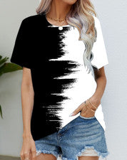 Blusa Camiseta Mujer Negro Blanco Contraste Moda Manga Corta Moda Sedosa