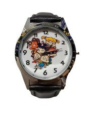 Reloj de pulsera Rugrats con correa de cuero negro con personajes de dibujos animados