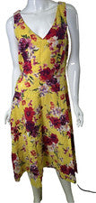 Nuevo con etiquetas Vestido Taylor de Mezcla de Lino Para Mujer Amarillo Floral Forrado Volantes Solero, Talla 8