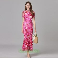 Vestido de noche de sirena paquete de cadera bordado flores 3D de malla de moda para mujer