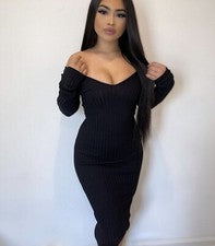 Maxi Vestido Para Mujer Moda Boutique Negro Tejido Manga Larga Cuello Redondo