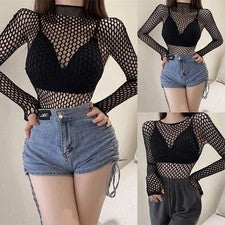 12) Para mujeres para Prendas para el torso Redes Huecas Calce Ajustado Moda Sexy con Malla Manga Larga