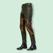 Pantalones de cuero de motociclista verdes ajustados para hombre estilo moto con paneles acanalados negros