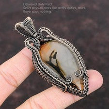 Joyería colgante envuelta en alambre boho artesanal con piedras preciosas de ágata Montana de pera de cobre