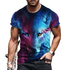 Camiseta Hombre Lobo Azul Gráfico Moda Manga Corta Aptitud Física Suave Camiseta