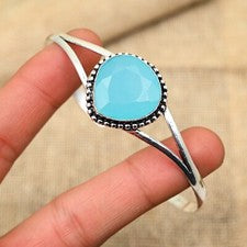 Brazalete ajustable de plata de ley 925 hecho a mano con piedras preciosas de calcedonia azul
