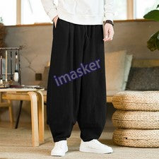 Pantalones harén linterna con bandas al tobillo de algodón y lino estilo chino retro calce suelto para hombre