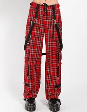 Moda Pantalón Gótico Cadena Cibernética Jeans Góticos Punk Negro y Rojo Algodón a Cuadros