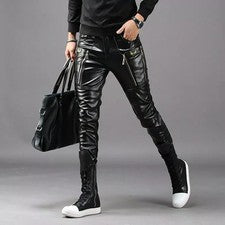 Pantalón de cuero negro para hombre estilo motociclista piel de cordero calce ceñido motocicleta