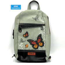 BOLSO BANDOLERA CONVERTIBLE DE LONA MARIPOSA MONARCA MOCHILA RFID GRIS CHALA