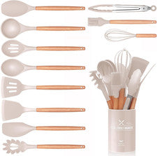 Juego de utensilios de cocina de 12 piezas, utensilios de cocina de silicona con soporte, madera natural