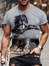 Camiseta hombre diseño caballo galope informal manga corta gris novedosa moderna