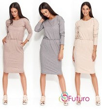 Vestido midi de manga larga con cuello redondo para mujer y bolsillos elásticos en la cintura FM157