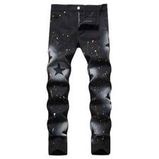 Pantalones de mezclilla para hombre negros de algodón elásticos de pierna recta estrellas pantalones punk