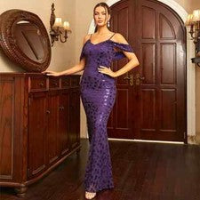 Vestido Elegante Largo De Strass Evento Morado Moda Sirena 74082