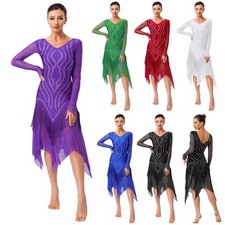 Mujeres Vestido de Baile Latino Cuello en V Manga Larga Borla Dobladillo Rendimiento de Salón