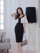 Vestido lápiz Falbala cadera paquete hombro descubierto negro blanco moda para mujer