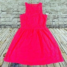 Vestido de encaje sin palabras para mujer L rosa neón cuello alto acampanado mini nuevo con etiquetas