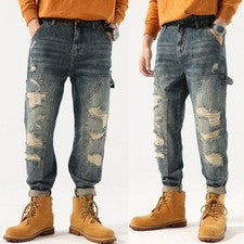 Moda Para Hombres Pantalones de Carga Rectos de Denim Envejecido Jeans Pantalones Informales