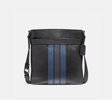 NUEVO CON ETIQUETAS COACH Charles Varsity Bolso Mensajero Delgado a Tiras de Cuero para Hombre - Denim Oscuro