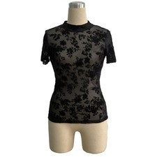 Camiseta para mujer pequeña de malla manga corta cuello alto color puro estilo moda