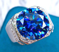 Anillo de plata 925, impresionante diamante azul azul azul para hombre, tratado con certificación de 10 quilates
