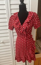 Vestido para mujer talla pequeña rojo lunares manga campana volantes cuello en V mini