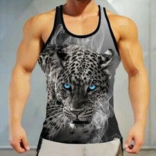 Camiseta Hombre Moda Sin Mangas Chaleco Cabeza Leopardo Aptitud Física Tee