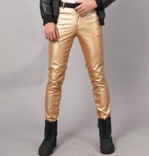 Pantalones ajustados de motocicleta de cuero sintético para hombre calce ajustado moda pantalones elásticos