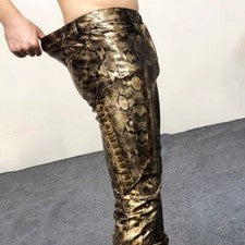 Hombres Moda Imitación Cuero Pantalones Ajustados Elastizados Ajustados Leggings Pantalones Bar Show