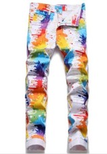 Pantalones de moda para hombre Sosoo estampado acuarela elásticos calce ajustado informales talla 34 ~