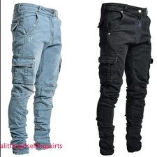 Pantalones cargo de mezclilla ajustados de varios bolsillos informales estilo jogger cintura media para hombre