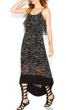 Maxi Vestido Kensie Negro Estampado en Capas Volantes Alto Bajo Para Mujer Pequeño