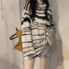 Camiseta para mujer Moda Tendencia Rayas Delgada Simple Suelta Informal Larga Tejida Prendas para el torso