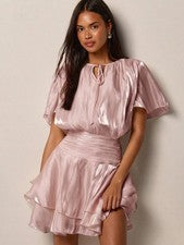 "Mini vestido de mujer COSMINA, cuello redondo con cordón, diseño de volantes, doble"