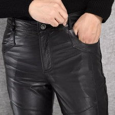 ESTILO Nuevo Pantalón Vaqueros Para Hombre Cuero Negro 100% Piel de Oveja Suave Estilo Calce Ajustado
