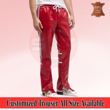 Pantalones de correr rojos suaves de cuero genuino para hombre Pantalones de correr Cremallera Estilo clásico