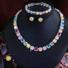 Juego de joyas de compromiso para mujer 4 piezas de circonitas cúbicas cuadradas multicolores enchapadas en plata