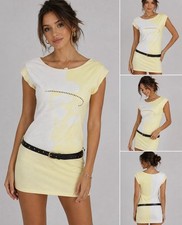 Nuevo con etiquetas Mini Vestido Paradis Miss Mujer Pequeño Amarillo Blanco Tachonado Cinturón Algodón