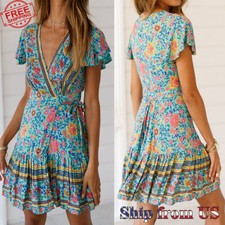 Mini Vestido Para Mujer Informal Cuello en V Solero Boho Floral Estampado Verano Envolvente Playa