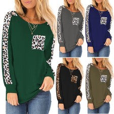 Blusa Top Blusa Para Mujer Estampado de Leopardo Manga Larga con Bolsillo Sudadera Túnica