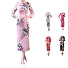 Vestido largo ajustado imitación satinado poliéster estilo chino Cheongsam para mujer