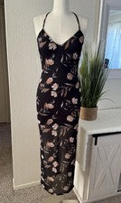 Maxi Vestido Halter Floral Malla Negra Moda Boutique Para Mujer Talla Mediana Nuevo con Etiquetas